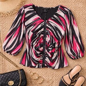 A Love Story Ruched Button Front Blouse XL NWT Pink Black Statement Top Office